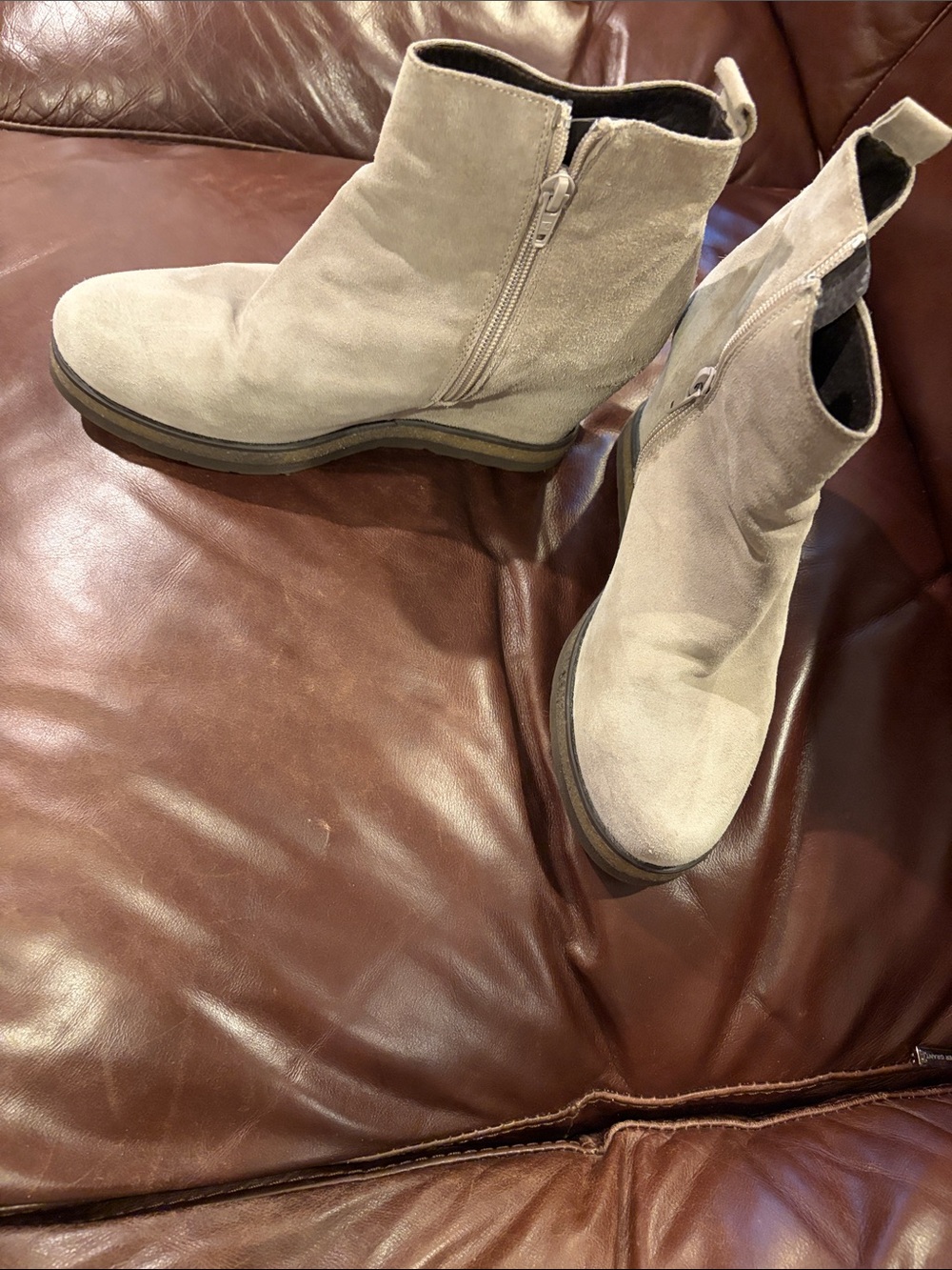 Suede Side-Zip Ankle Booties in Light Taupe